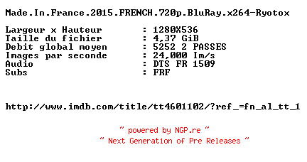 NFO for the release Made.In.France.2015.FRENCH.720p.BluRay.x264-Ryotox by Ryotox