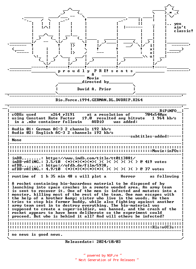 NFO for the release Bio.Force.1994.GERMAN.DL.DVDRIP.X264-WATCHABLE by WATCHABLE