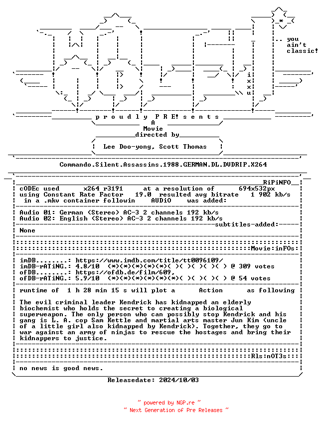 NFO for the release Commando.Silent.Assassins.1988.GERMAN.DL.DVDRIP.X264-WATCHABLE by WATCHABLE