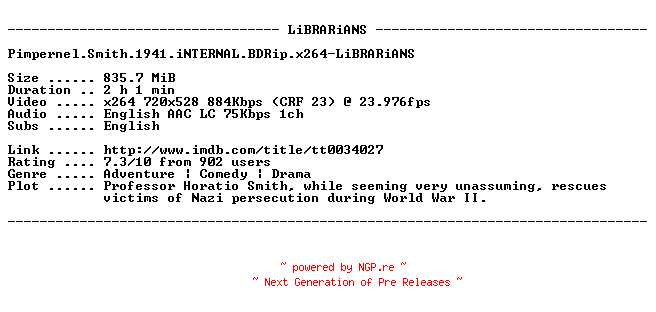 NFO for the release Pimpernel.Smith.1941.iNTERNAL.BDRip.x264-LiBRARiANS by LiBRARiANS