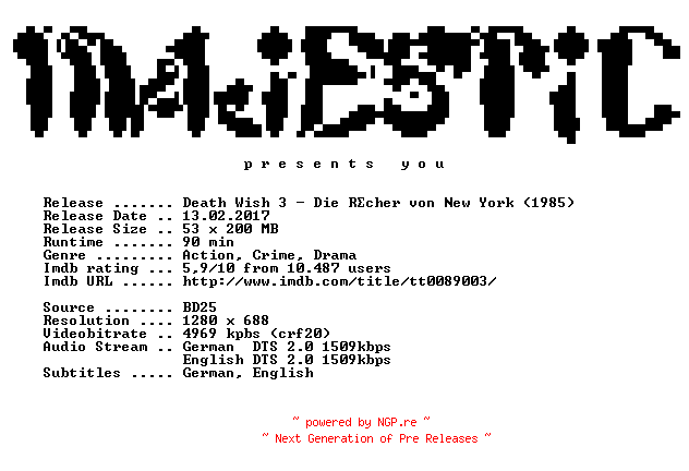 NFO for the release Death.Wish.3.Die.Raecher.von.New.York.1985.German.DL.720p.BluRay.x264-MAJESTiC by MAJESTiC