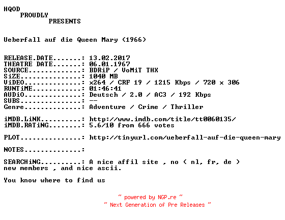 NFO for the release Ueberfall.auf.die.Queen.Mary.German.1966.AC3D.BDRiP.x264-HQOD by HQOD