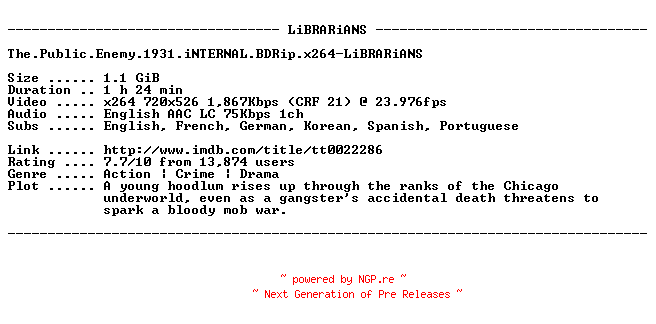 NFO for the release The.Public.Enemy.1931.iNTERNAL.BDRip.x264-LiBRARiANS by LiBRARiANS