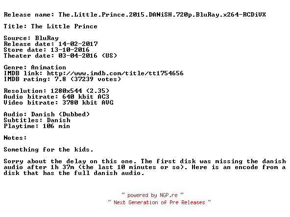NFO for the release The.Little.Prince.2015.DANiSH.720p.BluRay.x264-RCDiVX by RCDiVX