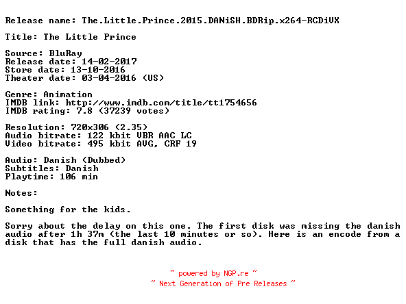 NFO for the release The.Little.Prince.2015.DANiSH.BDRip.x264-RCDiVX by RCDiVX