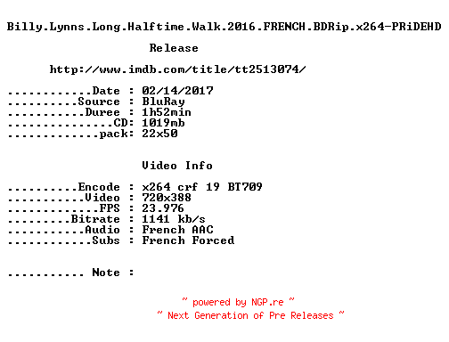 NFO for the release Billy.Lynns.Long.Halftime.Walk.2016.FRENCH.BDRip.x264-PRiDEHD by PRiDEHD