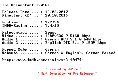 NFO for the release The.Accountant.2016.German.DL.720p.BluRay.x264-COiNCiDENCE by COiNCiDENCE