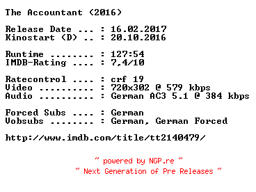 NFO for the release The.Accountant.German.2016.AC3.BDRip.x264-COiNCiDENCE by COiNCiDENCE