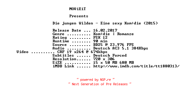 NFO for the release Die.jungen.Wilden.German.2015.AC3.BDRip.x264-MOViEiT by MOViEiT