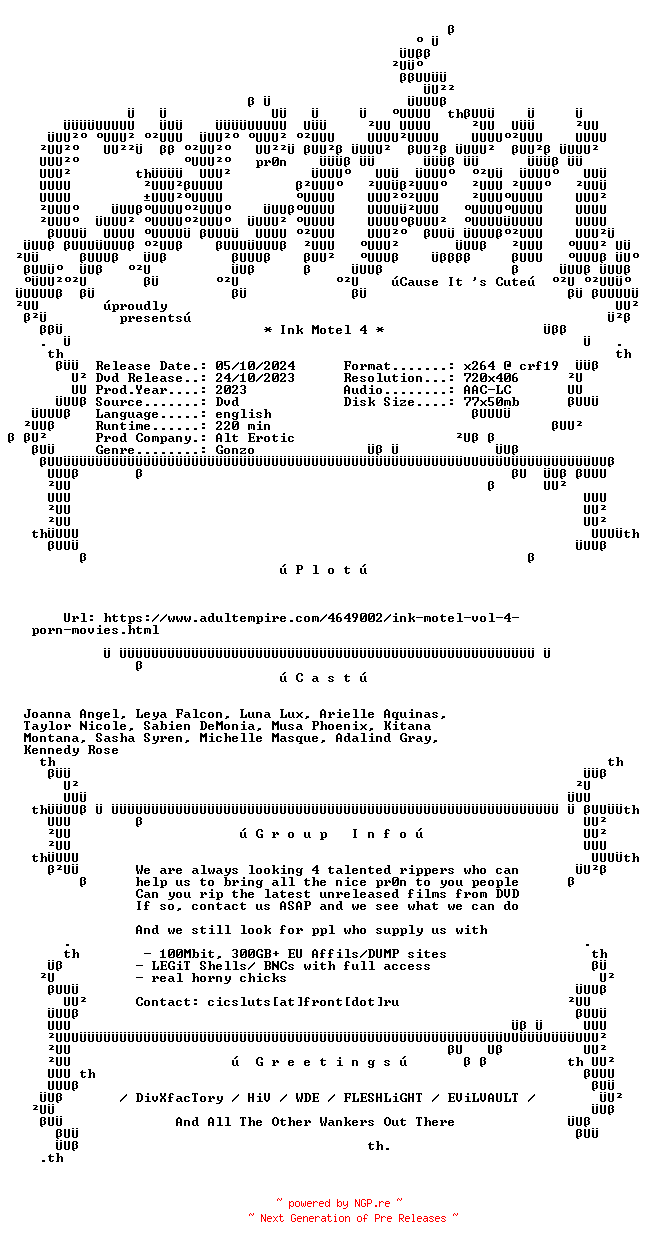 NFO for the release Ink.Motel.4.XXX.DVDRip.x264-CiCXXX by CiCXXX