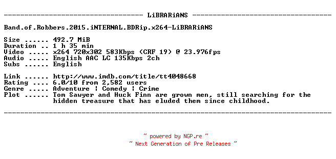 NFO for the release Band.of.Robbers.2015.iNTERNAL.BDRip.x264-LiBRARiANS by LiBRARiANS