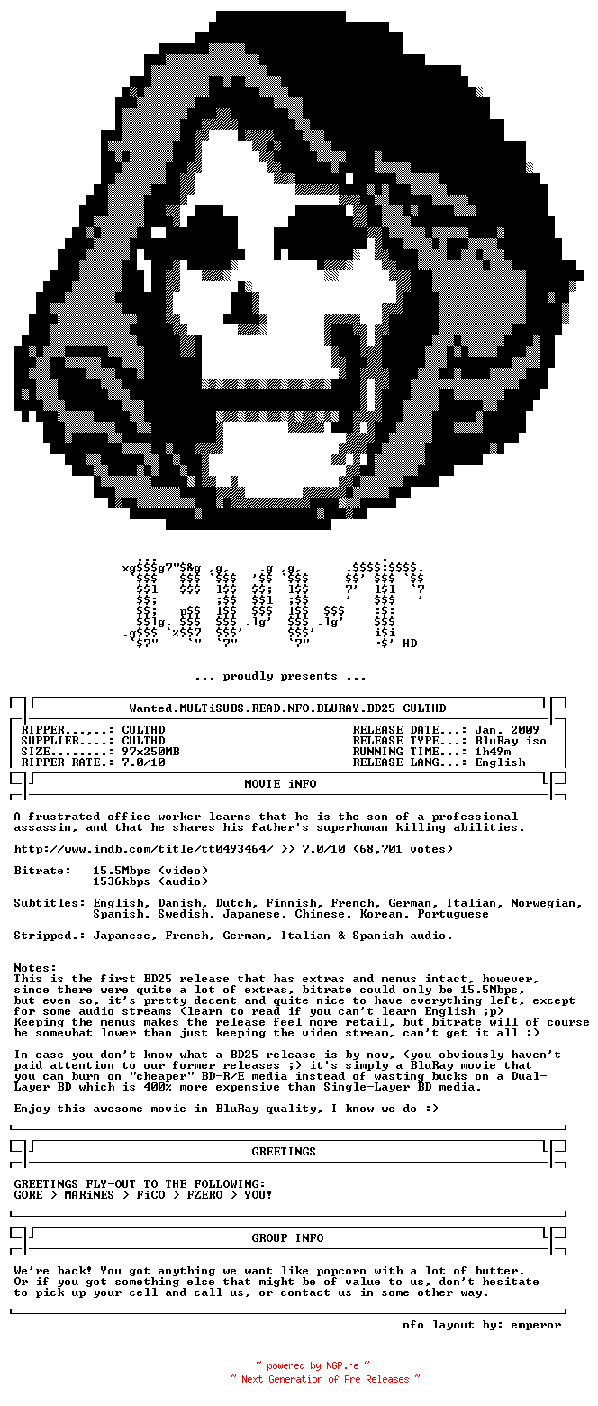 NFO for the release Wanted.MULTiSUBS.READ.NFO.BLURAY.BD25-CULTHD by CULTHD