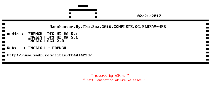 NFO for the release Manchester.By.The.Sea.2016.COMPLETE.QC.BLURAY-4FR by 4FR