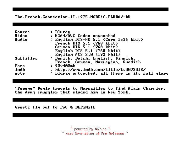 NFO for the release The.French.Connection.II.1975.NORDiC.BLURAY-hV by hV