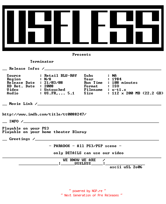 NFO for the release The.Terminator.MULTi.PLAYABLE.BLURAY-USELESS by USELESS