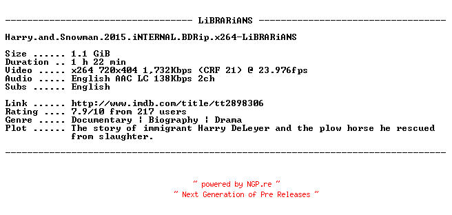 NFO for the release Harry.and.Snowman.2015.iNTERNAL.BDRip.x264-LiBRARiANS by LiBRARiANS
