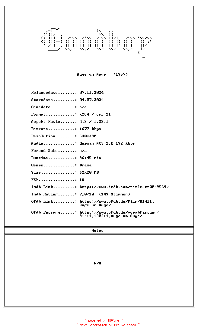 NFO for the release Auge.um.Auge.GERMAN.1957.FS.AC3.DVDRiP.x264-Goodboy by Goodboy