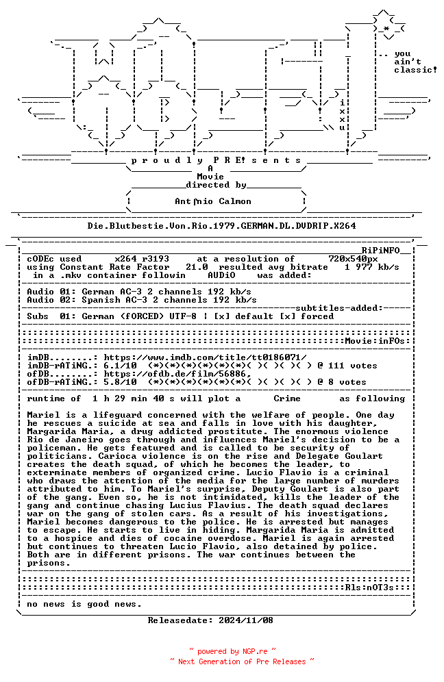 NFO for the release Die.Blutbestie.Von.Rio.1979.GERMAN.DL.DVDRIP.X264-WATCHABLE by WATCHABLE
