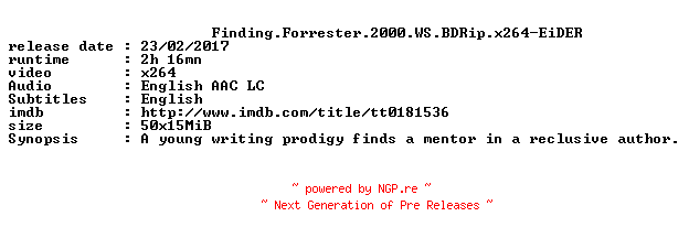 NFO for the release Finding.Forrester.2000.WS.BDRip.x264-EiDER by EiDER