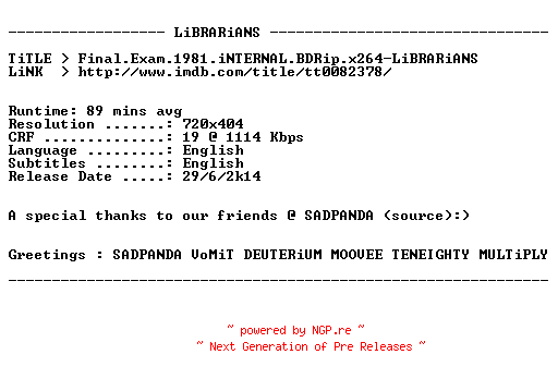 NFO for the release Final.Exam.1981.iNTERNAL.BDRip.x264-LiBRARiANS by LiBRARiANS
