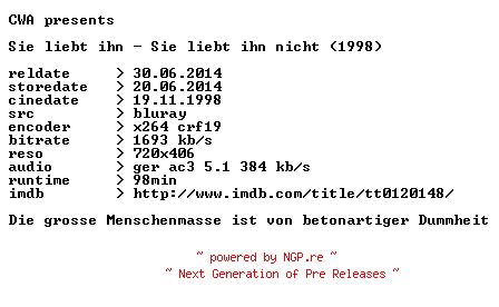 NFO for the release Sie.liebt.ihn.Sie.liebt.ihn.nicht.1998.German.BDRip.x264.iNTERNAL-CWA by CWA
