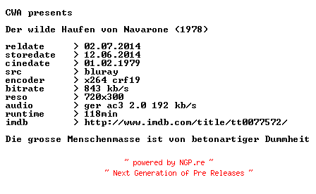 NFO for the release Der.wilde.Haufen.von.Navarone.1978.German.BDRip.x264.iNTERNAL-CWA by CWA