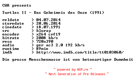NFO for the release Turtles.II.Das.Geheimnis.des.Ooze.1991.German.BDRip.x264.iNTERNAL-CWA by CWA