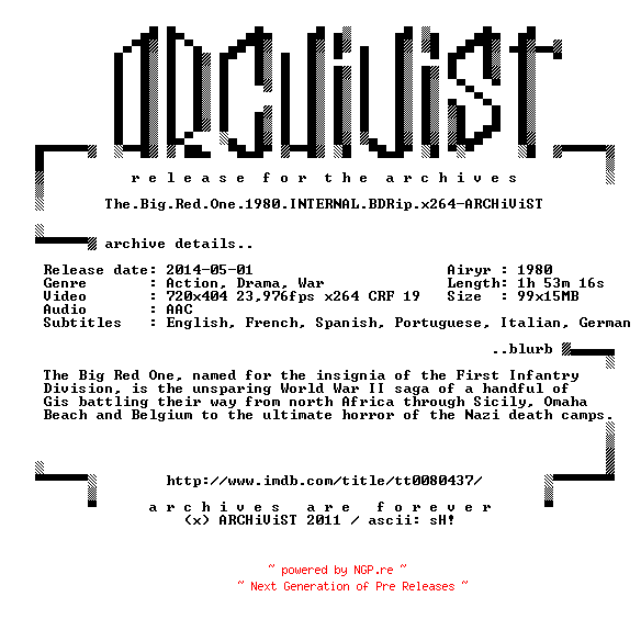 NFO for the release The.Big.Red.One.1980.INTERNAL.BDRip.x264-ARCHiViST by ARCHiViST