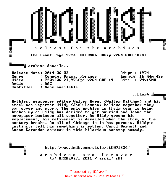 NFO for the release The.Front.Page.1974.INTERNAL.BDRip.x264-ARCHiViST by ARCHiViST