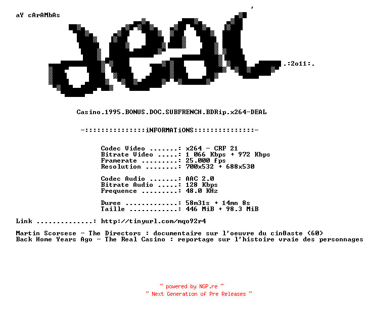 NFO for the release Casino.1995.BONUS.DOC.SUBFRENCH.BDRip.x264-DEAL by DEAL