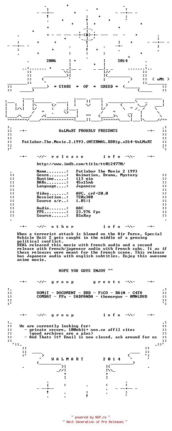 NFO for the release Patlabor.The.Movie.2.1993.iNTERNAL.BDRip.x264-WaLMaRT by WaLMaRT