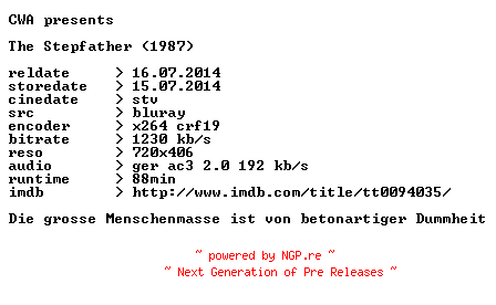 NFO for the release The.Stepfather.1987.German.BDRip.x264.iNTERNAL-CWA by CWA