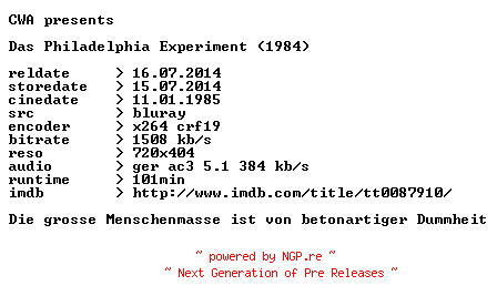 NFO for the release Das.Philadelphia.Experiment.1984.German.BDRip.x264.iNTERNAL-CWA by CWA
