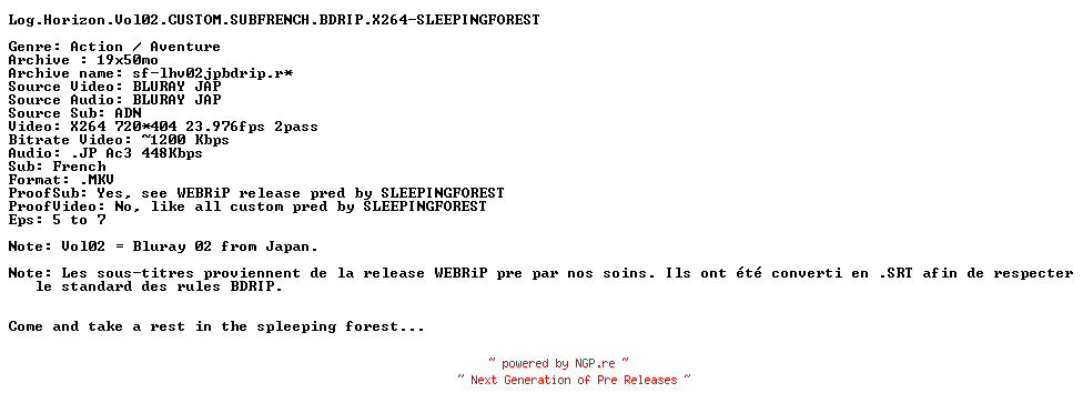 NFO for the release Log.Horizon.Vol02.CUSTOM.SUBFRENCH.BDRIP.X264-SLEEPINGFOREST by SLEEPINGFOREST