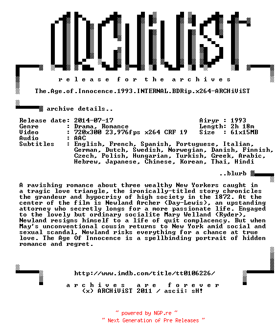 NFO for the release The.Age.of.Innocence.1993.INTERNAL.BDRip.x264-ARCHiViST by ARCHiViST