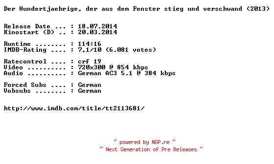 NFO for the release Der.Hundertjaehrige.der.aus.dem.Fenster.stieg.und.verschwand.German.BDRiP.x264-EXQUiSiTE by EXQUiSiTE