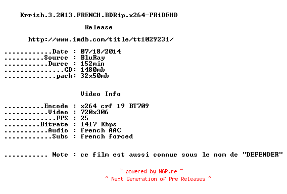 NFO for the release Krrish.3.2013.FRENCH.BDRip.x264-PRiDEHD by PRiDEHD
