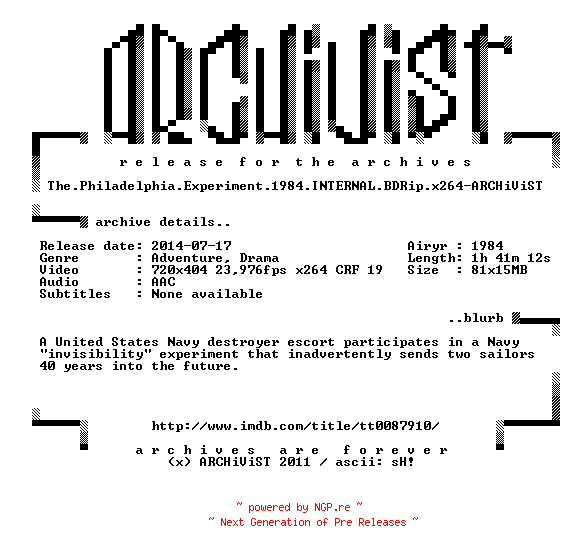 NFO for the release The.Philadelphia.Experiment.1984.INTERNAL.BDRip.x264-ARCHiViST by ARCHiViST