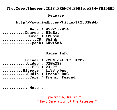 NFO for the release The.Zero.Theorem.2013.FRENCH.BDRip.x264-PRiDEHD by PRiDEHD