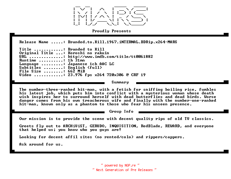 NFO for the release Branded.to.Kill.1967.iNTERNAL.BDRip.x264-MARS by MARS