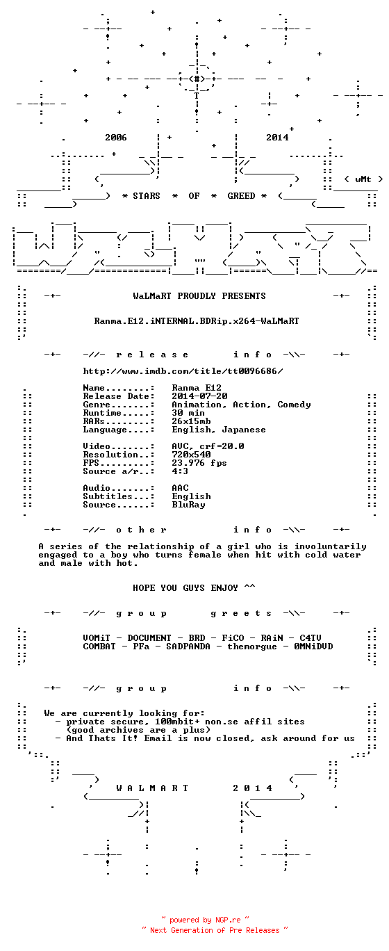NFO for the release Ranma.E12.iNTERNAL.BDRip.x264-WaLMaRT by WaLMaRT