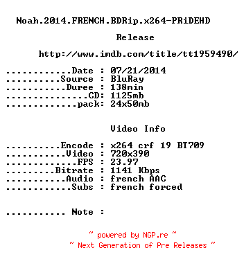 NFO for the release Noah.2013.FRENCH.BDRip.x264-PRiDEHD by PRiDEHD