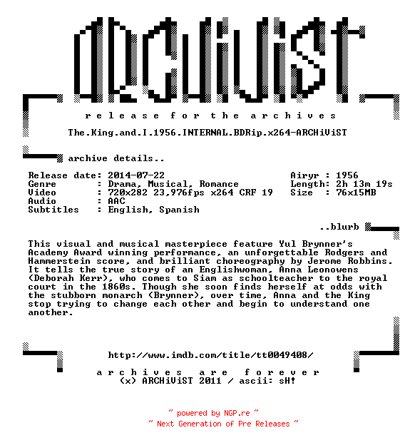 NFO for the release The.King.and.I.1956.INTERNAL.BDRip.x264-ARCHiViST by ARCHiViST