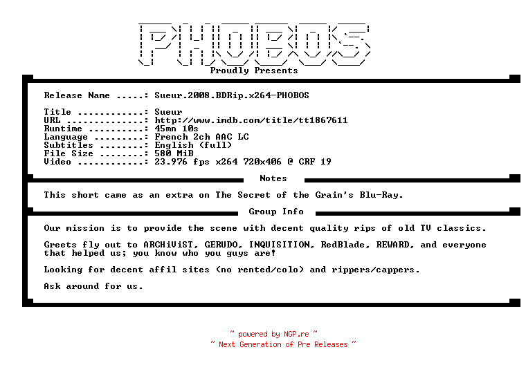 NFO for the release Sueur.2008.BDRip.x264-PHOBOS by PHOBOS
