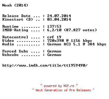 NFO for the release Noah.German.BDRiP.x264-EXQUiSiTE by EXQUiSiTE
