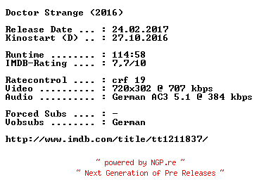 NFO for the release Doctor.Strange.German.2016.AC3.BDRip.x264-COiNCiDENCE by COiNCiDENCE