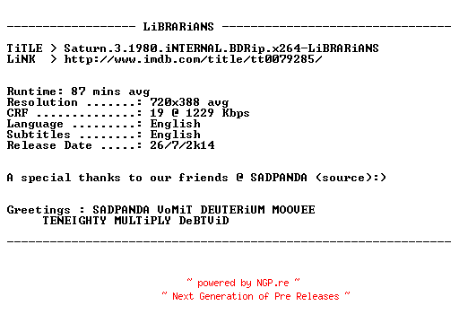 NFO for the release Saturn.3.1980.iNTERNAL.BDRip.x264-LiBRARiANS by LiBRARiANS