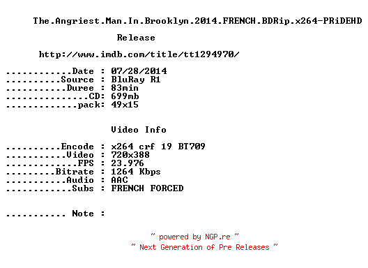 NFO for the release The.Angriest.Man.in.Brooklyn.2014.FRENCH.BDRip.x264-PRiDEHD by PRiDEHD