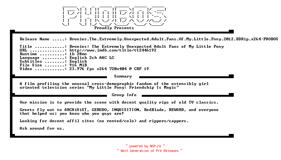 NFO for the release Bronies.The.Extremely.Unexpected.Adult.Fans.Of.My.Little.Pony.2012.BDRip.x264-PHOBOS by PHOBOS