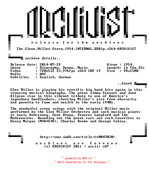 NFO for the release The.Glenn.Miller.Story.1954.INTERNAL.BDRip.x264-ARCHiViST by ARCHiViST